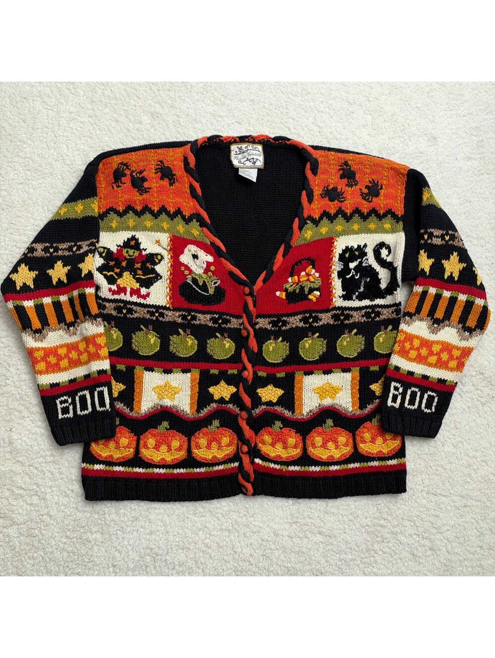 Vintage 90s Heirloom Collectibles Halloween Cardigan Womens M Black Cat Pumpkin